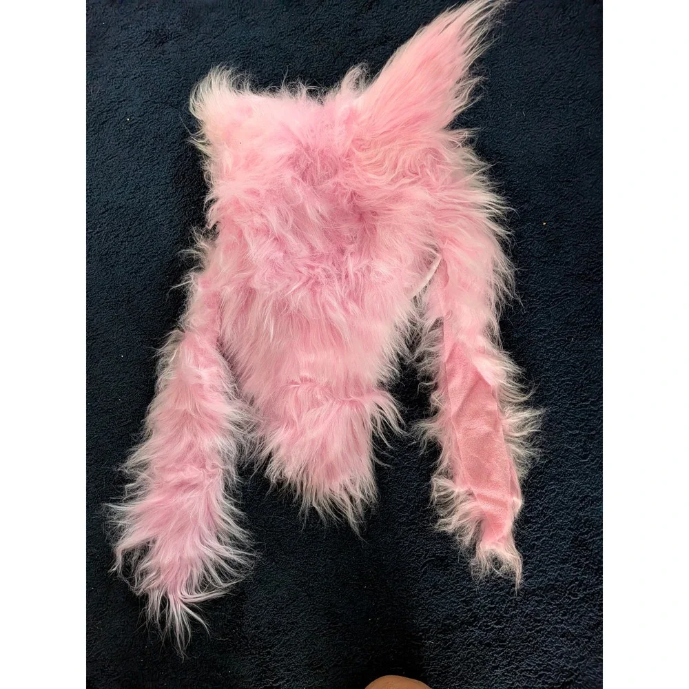 Pink Faux Fur Anime Animal Mask Hood Blue Eyes Kids Costume Cosplay Halloween
